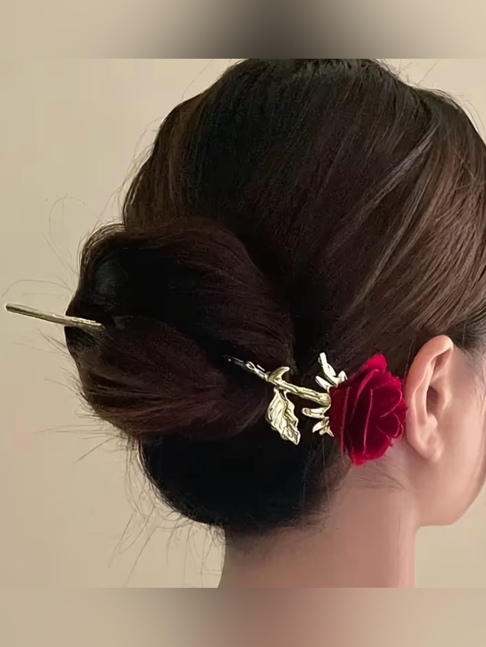 Gold Leaf Hair Pin with Red Velvet Rose Accent